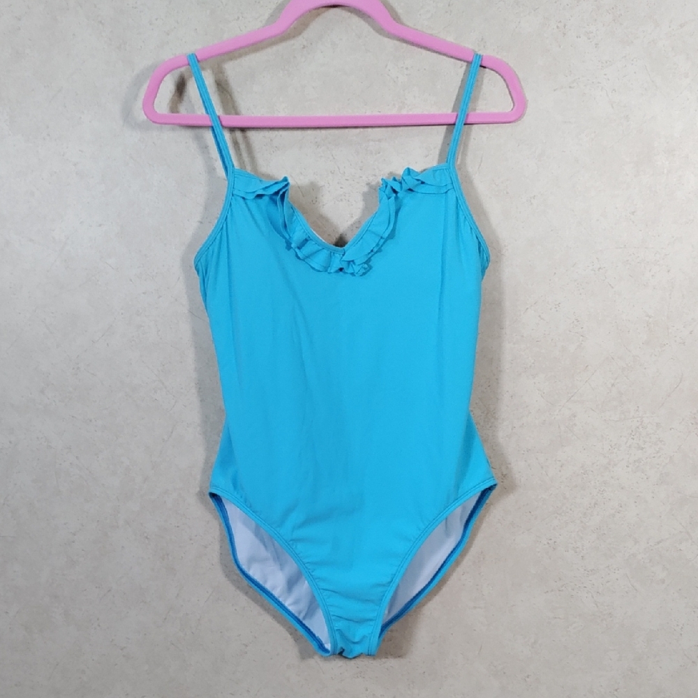 I197 Talbots aqua one piece swimsuit with ruffle trim 12 NWT
